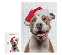 Puzzles pour Adolescents 300 PCS American Staffordshire Terrier Dog with Santa Hat Portrait Puzzles pour Adultes Jouets Anti-Stress pour S'amuser en Famille Interaction Parent-Enfant 300 PCS