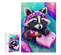 Puzzles Pour Adolescents 300 PCS An Adorable Raccoon Holding A Heartshaped Balloon on A String, It Is Raining Hearts, Rose Puzzles Pour Adultes Jeux Amusants Décoration Parfaite Cadeaux Uniques D'anni