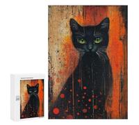 Puzzles pour Adolescents 300 PCS Black Cat with Green Eyes Painting Mystical Folk Feline Art Puzzles pour Adultes, Jouets Anti-Stress, Activités Amusantes À Faire À La Maison, 300 PCS