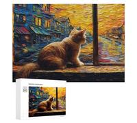Puzzles pour Adolescents 300 PCS Cat Watching Sunset from Window Puzzle Anti-Stress, Jouet Idéal pour Une Décoration Amusante À La Maison, 300 PCS