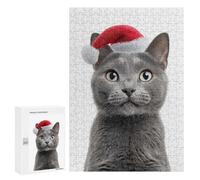Puzzles pour Adolescents 300 PCS Chartreux Cat with Santa Hat Puzzles pour Adultes Jeu Familial Décoration Parfaite Difficile À Compléter 300 PCS
