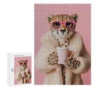 Puzzles pour Adolescents 300 PCS Cheetah with Pink Coffee Cup Puzzles pour Adultes Assemblage De Modèles De Puzzles Défi À Réaliser Soirée Jeux Et Divertissement en Famille 300 PCS