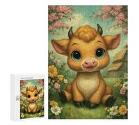 Puzzles pour Adolescents 300 PCS Cute Cartoon Calf in Floral Meadow Puzzles, Jeux Amusants, Assemblage De Motifs, Cadeaux Uniques d'anniversaire Et De Noël 300 PCS