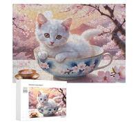 Puzzles pour Adolescents 300 PCS Cute Cat in Teacup with Cherry Blossoms Puzzle Anti-Stress, Jouet Idéal pour Une Décoration Amusante À La Maison, 300 PCS