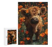 Puzzles pour Adolescents 300 PCS Cute Highland Cow in Flowers-1 Puzzles pour Adultes Assemblage De Modèles De Puzzles Défi À Réaliser Soirée Jeux Et Divertissement en Famille 300 PCS
