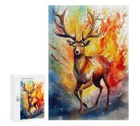 Puzzles pour Adolescents 300 PCS Deer Fire Watercolors Casse-têtes pour Adultes Jeu De Réflexion Assemblage De Motifs Interaction Parent-Enfant 300 PCS