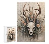Puzzles pour Adolescents 300 PCS Deer Skull with Flowers Artwork Puzzles pour Adultes Jeux Relaxants Découpe De Précision Jeu Stimulant Cadeaux 300 PCS