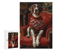 Puzzles pour Adolescents 300 PCS Dog in Christmas Sweater Portrait German Shorthaired Pointer in Sweater Puzzles pour Adultes Jouets Anti-Stress pour S'amuser en Famille Interaction Parent-Enfant 300