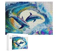 Puzzles pour Adolescents 300 PCS Dolphins in Colorful Waves Puzzles pour Adultes Jeu De Réflexion Décoration Intérieure Activités Amusantes À La Maison 300 PCS