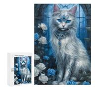 Puzzles pour Adolescents 300 PCS Enchanted White Cat with Blue Roses Puzzles pour Adultes Jeu De Réflexion Décoration Intérieure Activités Amusantes À La Maison 300 PCS