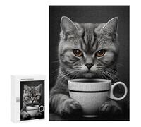 Puzzles pour Adolescents 300 PCS Grey Cat with A Coffee Cup Puzzles pour Adolescents, Jouets Anti-Stress, Décoration Murale, Cadeaux d'anniversaire Et De Noël Uniques 300 PCS