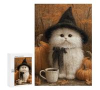 Puzzles pour Adolescents 300 PCS Halloween White Witch Cat with Pumpkins Puzzles pour Adultes Jeux Familiaux pour S'amuser en Famille Offrez des Cadeaux pour Toute La Famille 300 PCS