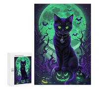 Puzzles pour Adolescents 300 PCS Puzzle pour Adultes Halloween Black Cat with Jack-o'-Lanterns Puzzle Mural Difficile À Difficile Aide À Exercer Le Cerveau 300 PCS