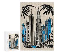 Puzzles pour Adolescents 300 PCS Puzzles Dubai Skyline Illustration with Palm Trees Puzzle Jeu Manuel Décoration Murale Idéal comme Cadeau pour Toute La Famille 300 PCS