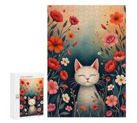 Puzzles pour Adolescents 300 PCS Puzzles Whimsical Cat Among Blooming Flowers Fine Art Puzzle Jeu Manuel Décoration Murale Idéal comme Cadeau pour Toute La Famille 300 PCS