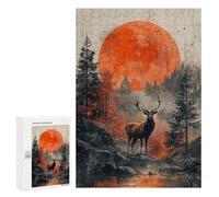 Puzzles pour Adolescents 300 PCS Stag in Forest with Red Moon Puzzles pour Adultes, Jeux en Famille, Décoration Intérieure, Cadeaux De Noël Et d'anniversaire 300 PCS