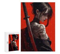 Puzzles pour Adolescents 300 PCS Tattooed Woman with Katana on Red Puzzles pour Adultes - Jeu Manuel Anti-Stress - Cadeaux Uniques pour Anniversaire Et Noël 300 PCS