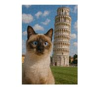 Puzzles pour Adolescents 38x26cm/1000pcs Siamese Cat with Leaning Tower Puzzles pour Adultes Jeux Familiaux Amusants Et Humoristiques Cadeaux De Jeux Stimulants 38x26cm/1000pcs