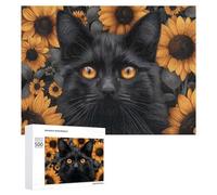 Puzzles pour Adolescents 500 PCS Black Cat in Sunflowers Puzzles, Jeux Amusants, Assemblage De Motifs, Cadeaux Uniques d'anniversaire Et De Noël 500 PCS