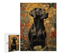 Puzzles pour Adolescents 500 PCS Black Labrador Portrait in Floral Setting Puzzles, Jeux Amusants, Assemblage De Motifs, Cadeaux Uniques d'anniversaire Et De Noël 500 PCS
