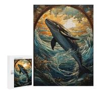 Puzzles pour Adolescents 500 PCS Blue Whale Stained Glass Puzzles pour Adultes, Jouets Anti-Stress, Activités Amusantes À Faire À La Maison, 500 PCS