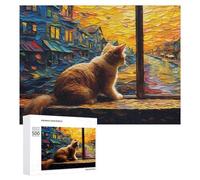 Puzzles pour Adolescents 500 PCS Cat Watching Sunset from Window Puzzles pour Adultes Jeux Relaxants Découpe De Précision Jeu Stimulant Cadeaux 500 PCS