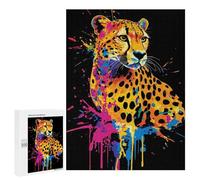 Puzzles pour Adolescents 500 PCS Colorful Cheetah Portrait on Black Background Puzzles pour Adultes Jeu Familial Décoration Parfaite Difficile À Compléter 500 PCS