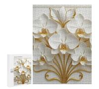 Puzzles pour Adolescents 500 PCS Elegant White Orchids with Golden Accents Puzzles, Jeux Amusants, Assemblage De Motifs, Cadeaux Uniques d'anniversaire Et De Noël 500 PCS