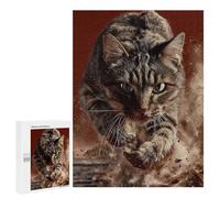 Puzzles pour Adolescents 500 PCS Focused Tabby Cat Leaping Forward Puzzles pour Adultes Jeux Amusants Décoration Parfaite Cadeaux Uniques d'anniversaire Et De Noël 500 PCS