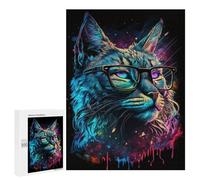 Puzzles pour Adolescents 500 PCS Glowing Neon Cat Glasses Art Print Puzzles pour Adolescents Améliorent La Mémoire Difficiles À Compléter Jeux Stimulants 500 PCS