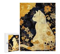 Puzzles pour Adolescents 500 PCS Golden Floral Cat Artwork Puzzles pour Adultes Assemblage De Modèles De Puzzles Défi À Réaliser Soirée Jeux Et Divertissement en Famille 500 PCS