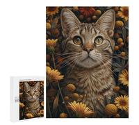 Puzzles pour Adolescents 500 PCS Grey Tabby Cat in Flowers Puzzles pour Adultes Jouets Anti-Stress pour S'amuser en Famille Interaction Parent-Enfant 500 PCS