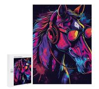 Puzzles pour Adolescents 500 PCS Neon Horse with Headphones Puzzles pour Adultes Assemblage De Modèles De Puzzles Défi À Réaliser Soirée Jeux Et Divertissement en Famille 500 PCS