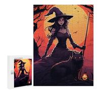 Puzzles pour Adolescents 500 PCS Puzzles Halloween Witch with Black Cat -1 Puzzle Jeu Manuel Décoration Murale Idéal comme Cadeau pour Toute La Famille 500 PCS