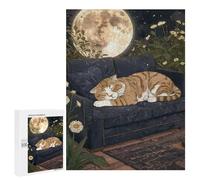 Puzzles pour Adolescents 500 PCS Tabby Cat Sleeping Under The Moon Puzzles pour Adultes, Jouets Anti-Stress, Activités Amusantes À Faire À La Maison, 500 PCS
