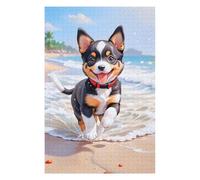 Puzzles pour Adolescents A Very Cute Adorable Puppy, Black Red White Combined Complexion, Playing at Sea Beach, Ver Puzzle Anti-Stress - Un Cadeau Artistique pour Les Amis Et La Famille