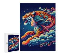 Puzzles Pour Adolescents A Vibrant, Stylized Tiger with Flowing Mane And Body, Emerging from Clouds Against A Starr Puzzles Pour Adolescents : Améliorent La Mémoire. Chaque Pièce Est Unique - Idée Cad