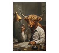 Puzzles pour Adolescents Anthropomorphic Highland Cow Businessman Smoking Puzzles pour Adultes Jeu Manuel Décoration Intérieure Est Idéal comme Cadeau 75x50cm/1000pcs