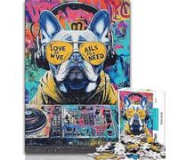 Puzzles pour Adolescents Bouledogue français Portant Un Casque 1000 pièces Puzzles pour Adultes et Adolescents Anti-Stress Défi Difficile Améliorer l'amour Entre Les Couples 38x26cm