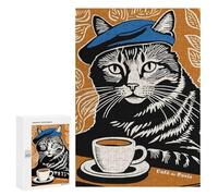 Puzzles pour Adolescents Cat in Beret with Coffee Puzzles pour Adolescents : Améliorent La Mémoire. Chaque Pièce Est Unique - Idée Cadeau d'anniversaire Unique 300 PCS