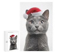 Puzzles pour Adolescents Chartreux Cat with Santa Hat Puzzles pour Adultes Jeu Manuel Cadeau d'anniversaire Cadeau d'anniversaire, Cadeaux, 1000 PCS