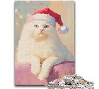 Puzzles pour Adolescents Chat Blanc Portant Un Chapeau de Père Noël Convient aux 14 Ans et Plus Jeu de Jouets intellectuels Jeu éducatif pour Anniversaire et Noël 50x75cm