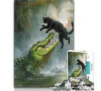 Puzzles pour Adolescents Chat Noir Crocodile Puzzle Adolescent, activité familiale Amusante à la Maison, Cadeau d'anniversaire, Cadeaux de Voyage (Taille 75x50cm)