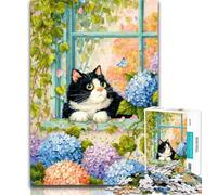 Puzzles pour Adolescents Chat près de la fenêtre Puzzles pour Adultes 1000 pièces Jeu Difficile et Stimulant pour Toute la Famille Cadeaux du Père Noël Secret 50x75cm