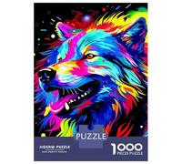 Puzzles pour Adolescents De 1000 Pièces Colorful Wolf Portrait on Black Background Puzzles pour Adultes, Jeux Familiaux, Décoration Murale, Défi Éducatif 38x26cm/1000pcs