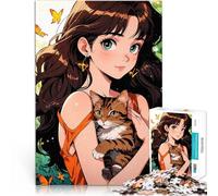 Puzzles pour Adolescents de 1000 pièces Fille d'anime avec Un Chat Jeu de Casse-tête Liste de souhaits avec Le Père Noël 75x50cm