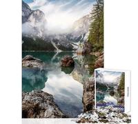 Puzzles pour Adolescents de 1000 pièces représentant Un Paysage Naturel Exceptionnel Le lac Braies dans Les Dolomites avec Son Ambiance matinale est idéal pour des Jeux relaxants en Famille