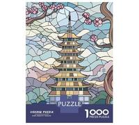Puzzles pour Adolescents De 1000 Pièces Stained Glass Pagoda and Cherry Blossoms Puzzle, Jeu Manuel, Décoration Murale, Idéal comme Cadeau pour Toute La Famille 38x26cm/1000pcs