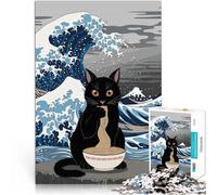 Puzzles pour Adolescents de 1000 pièces Vague de Ramen Black Cat à Kanagawa Impossible Renforcer l'amour Entre Les Couples 75x50cm