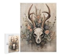Puzzles pour Adolescents Deer Skull with Flowers Artwork Puzzles pour Adultes Jouets Anti-Stress Vacances À La Maison Passer Le Temps Interaction Parent-Enfant 500 PCS